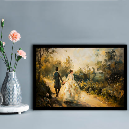Vintage Couple on Countryside Landscape Oil Painting Antique Print, Framed Art Print Wall Decor, Picture Framed