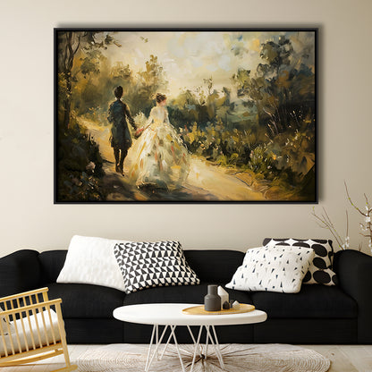 Vintage Couple On Countryside Landscape Oil Painting Antique Print, Framed Canvas Print Wall Art, Floating Frame