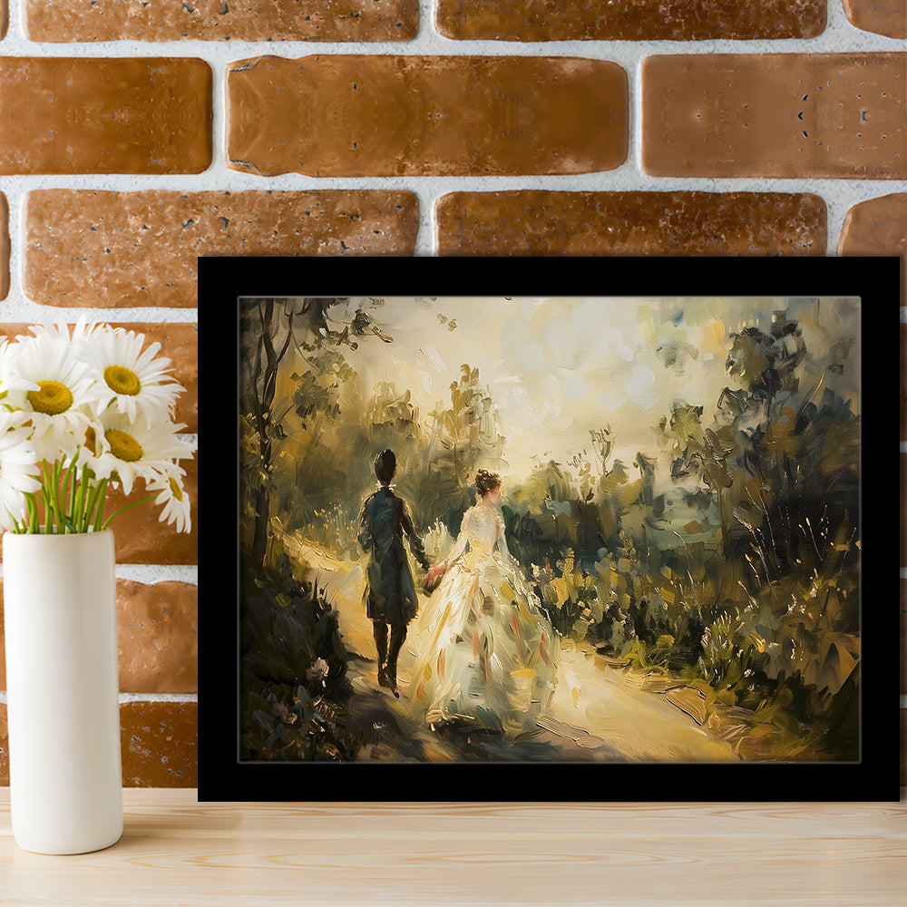 Vintage Couple on Countryside Landscape Oil Painting Antique Print, Framed Art Print Wall Decor, Picture Framed