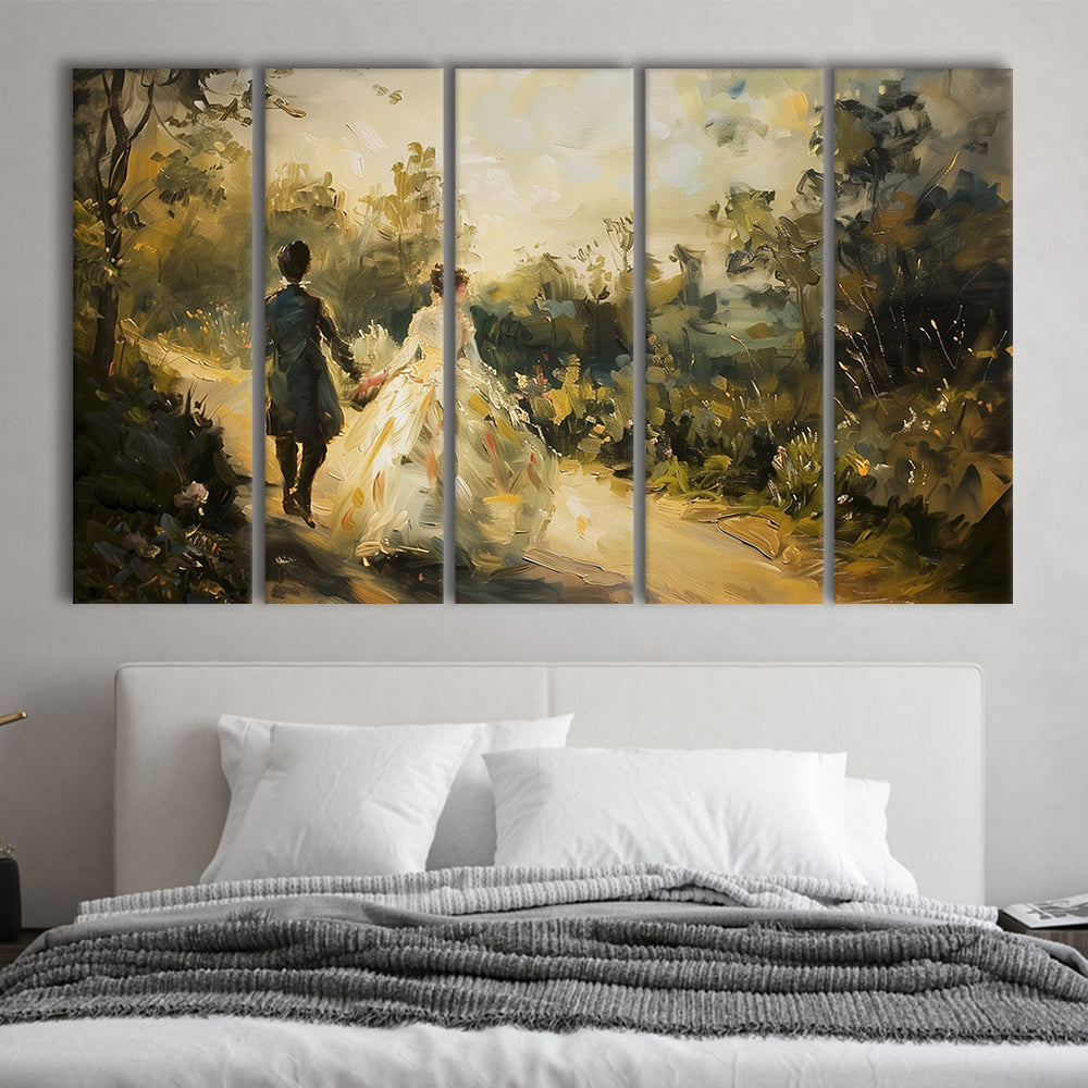 Vintage Couple on Countryside Landscape Oil Painting Antique Print, 5 Panel B Canvas Print Wall Art, Extra Large Canvas