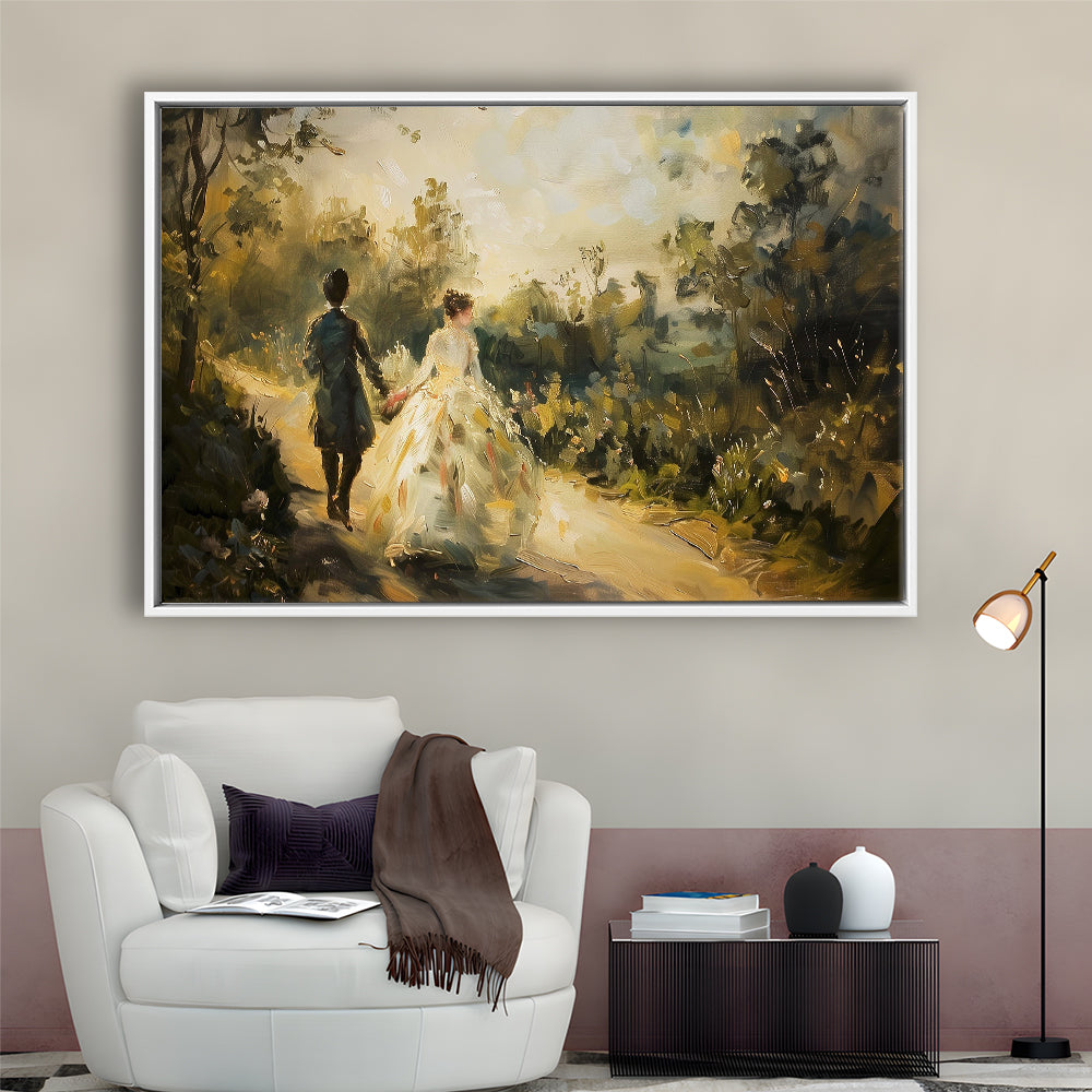 Vintage Couple On Countryside Landscape Oil Painting Antique Print, Framed Canvas Print Wall Art, Floating Frame