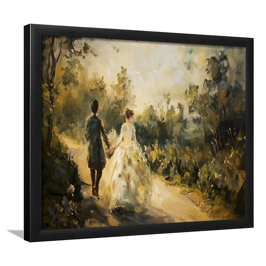 Vintage Couple on Countryside Landscape Oil Painting Antique Print, Framed Art Print Wall Decor, Picture Framed