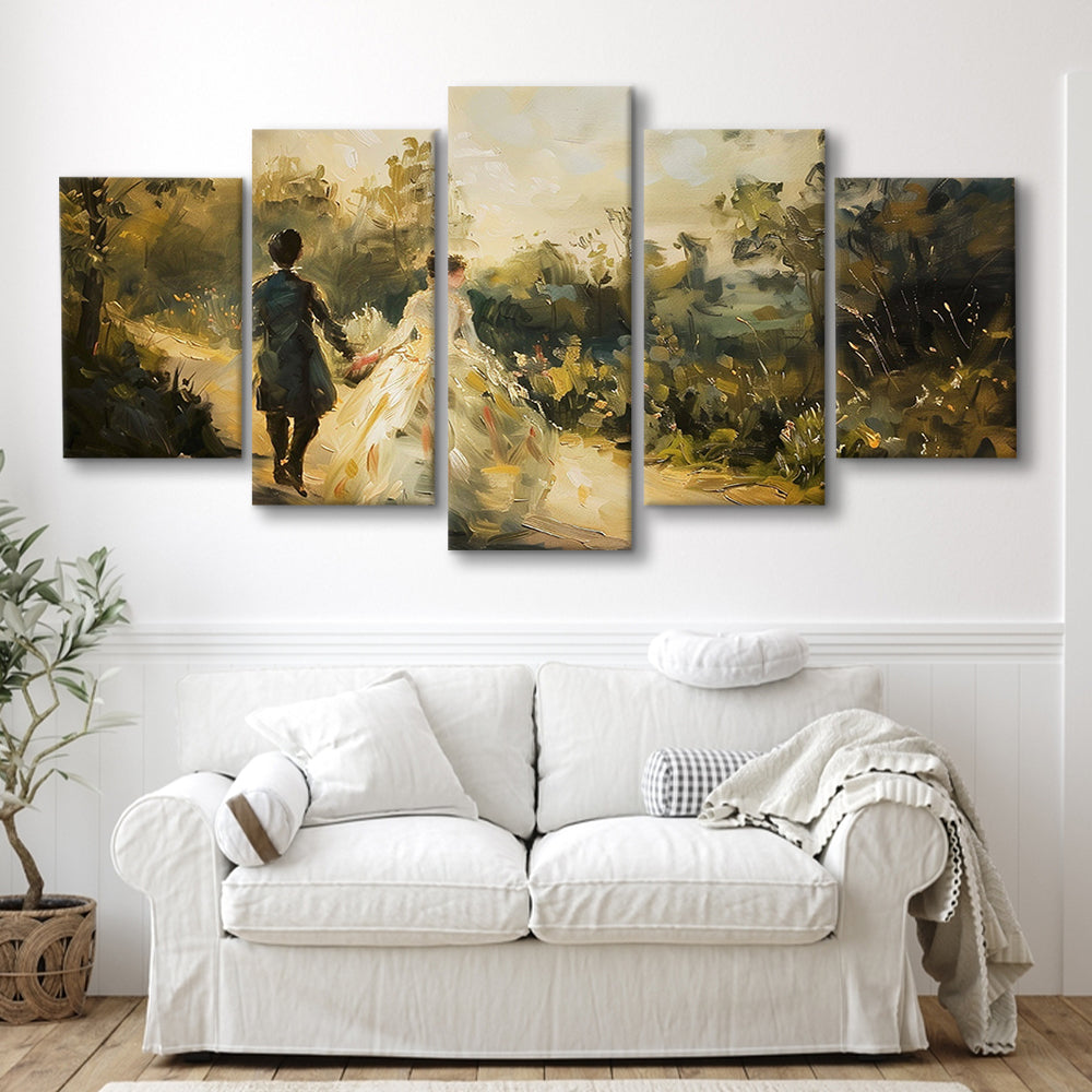 Vintage Couple on Countryside Landscape Oil Painting Antique Print, 5 Panel Mixed Canvas Print Wall Art, Large Canvas