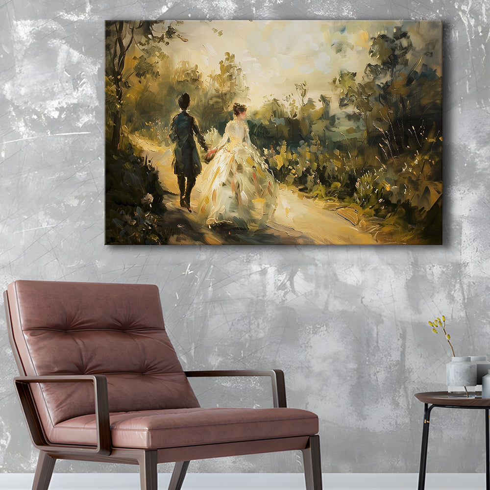 Vintage Couple On Countryside Landscape Oil Painting Antique Print, Canvas Print Wall Art, Wall Decor, Painting Canvas