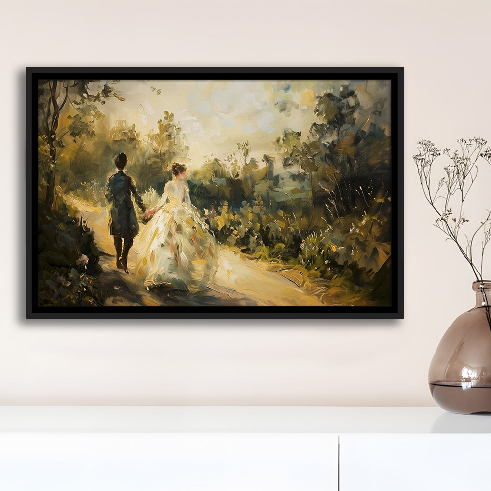 Vintage Couple On Countryside Landscape Oil Painting Antique Print, Framed Canvas Print Wall Art, Floating Frame