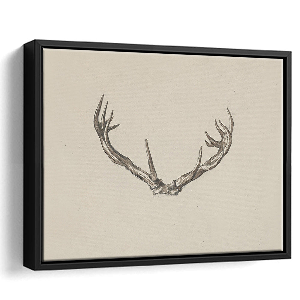 Vintage Deer Antlers Sketch Prints Framed Canvas Print Wall Art, Holiday Print, Ready to hang