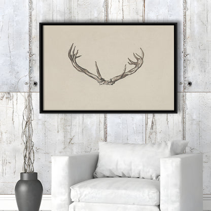 Vintage Deer Antlers Sketch Prints Framed Canvas Print Wall Art, Holiday Print, Ready to hang