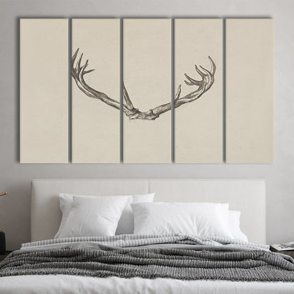 Vintage Deer Antlers Sketch Prints 5 Panels Canvas Print Wall Art, Holiday Print, Ready to hang