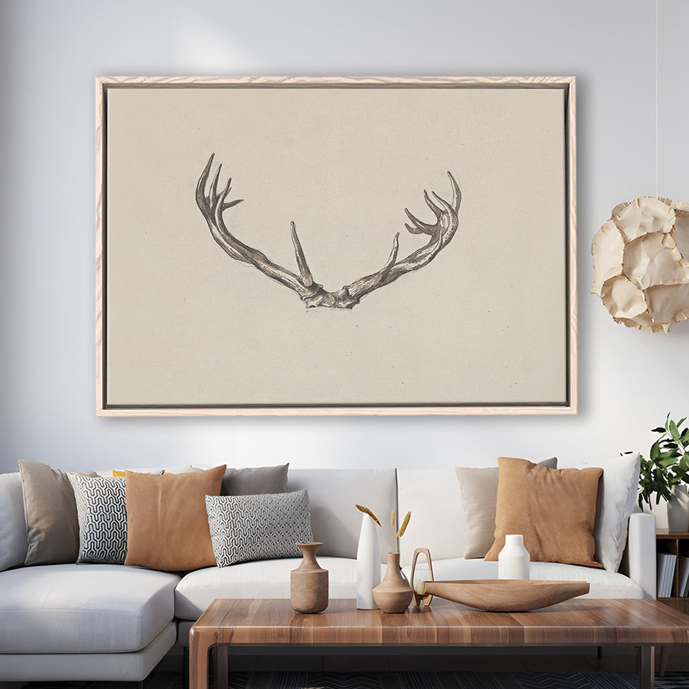 Vintage Deer Antlers Sketch Prints Framed Canvas Print Wall Art, Holiday Print, Ready to hang