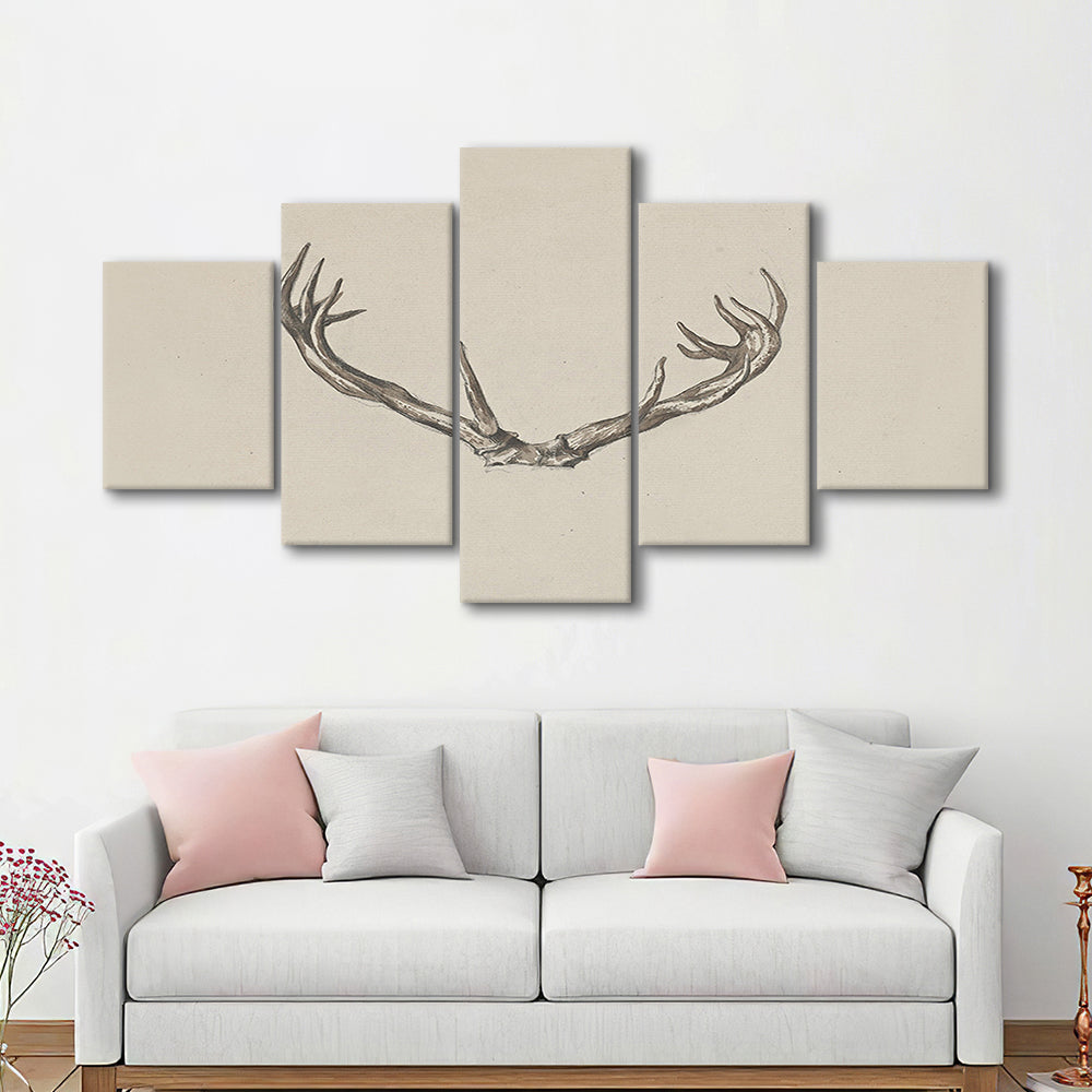 Vintage Deer Antlers Sketch Prints Mixed Canvas Print Wall Art, Holiday Print, Ready to hang