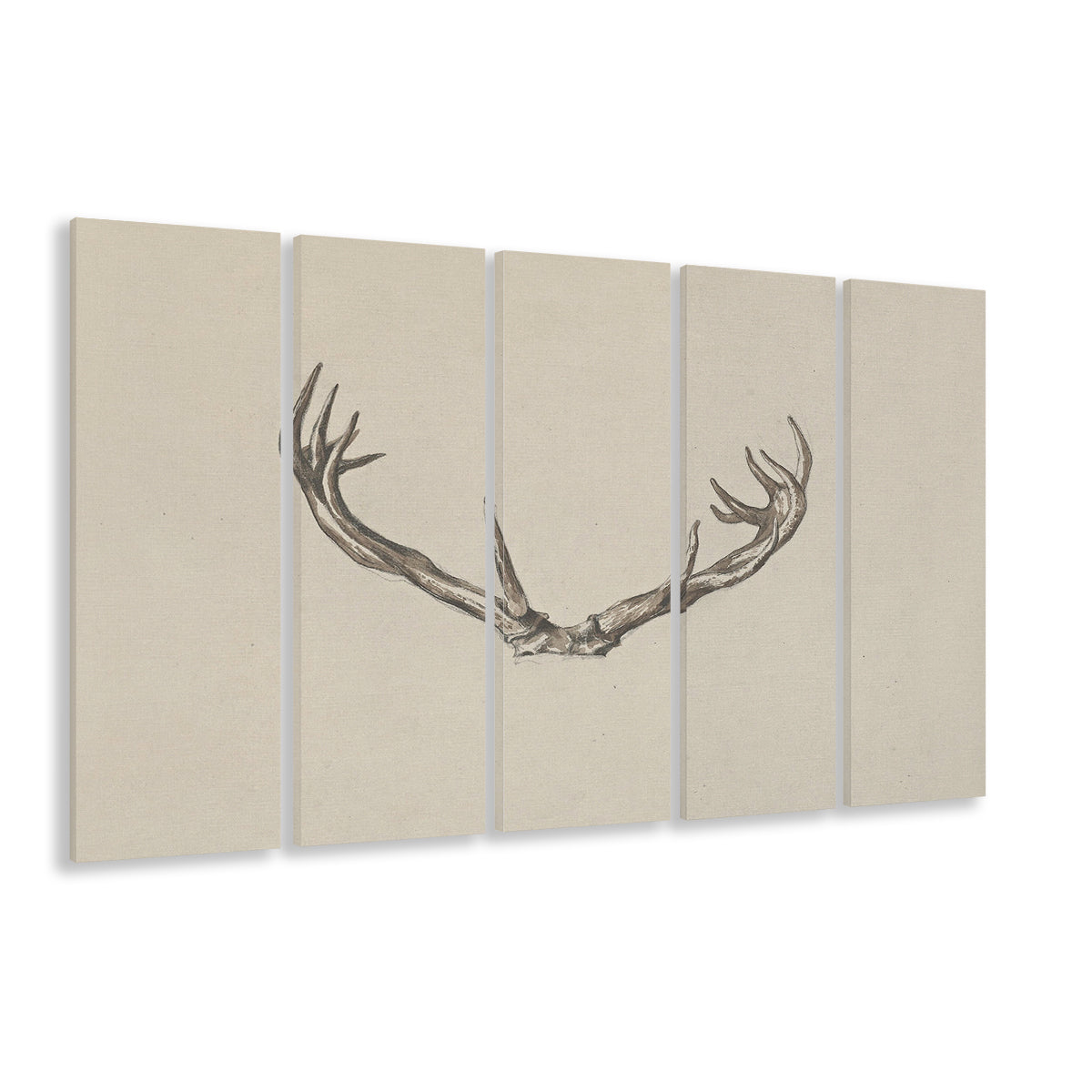 Vintage Deer Antlers Sketch Prints 5 Panels Canvas Print Wall Art, Holiday Print, Ready to hang