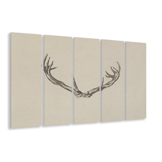Vintage Deer Antlers Sketch Prints 5 Panels Canvas Print Wall Art, Holiday Print, Ready to hang