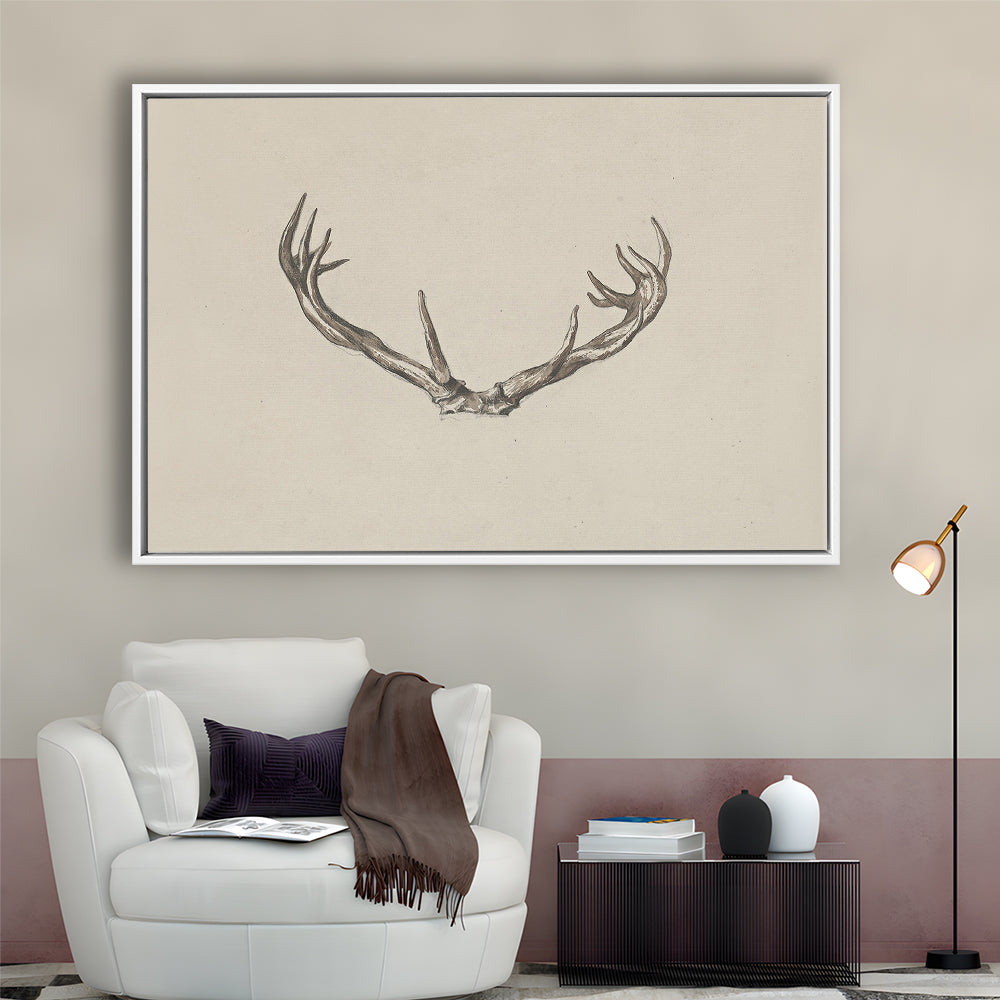 Vintage Deer Antlers Sketch Prints Framed Canvas Print Wall Art, Holiday Print, Ready to hang