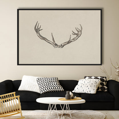 Vintage Deer Antlers Sketch Prints Framed Canvas Print Wall Art, Holiday Print, Ready to hang