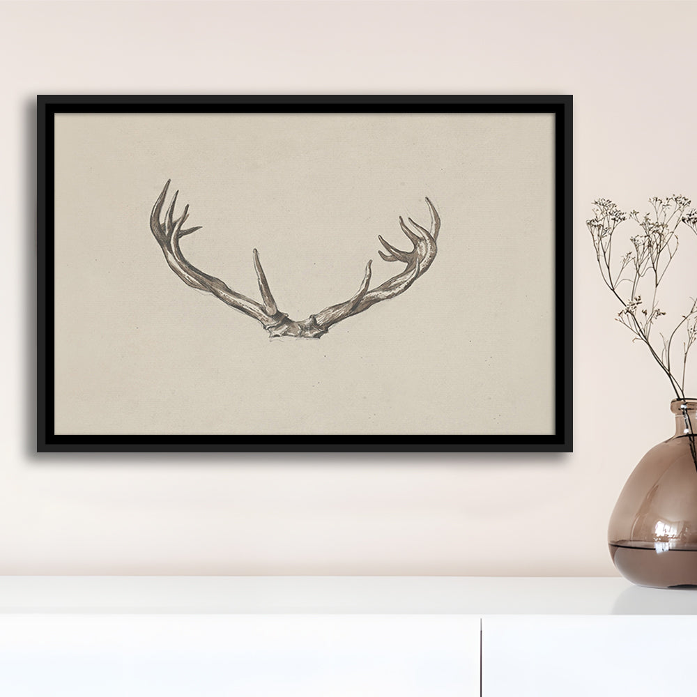 Vintage Deer Antlers Sketch Prints Framed Canvas Print Wall Art, Holiday Print, Ready to hang