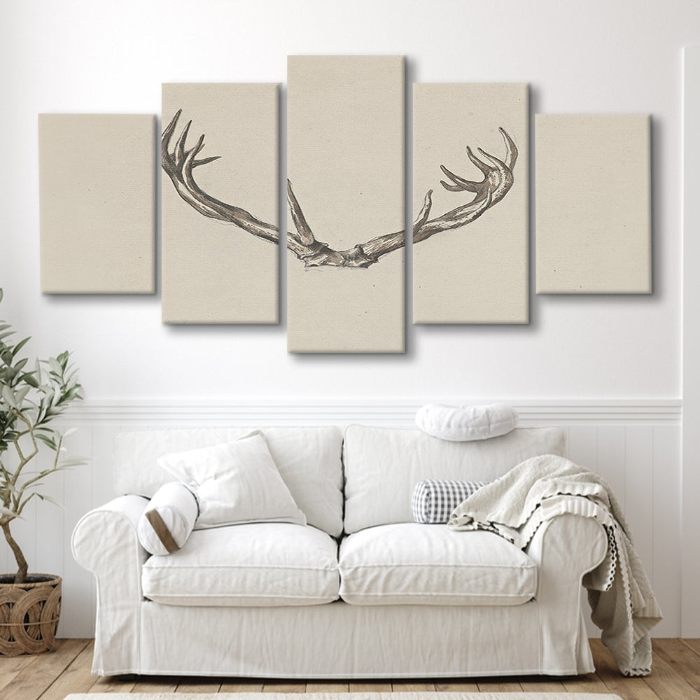 Vintage Deer Antlers Sketch Prints Mixed Canvas Print Wall Art, Holiday Print, Ready to hang