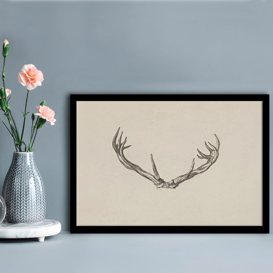 Vintage Deer Antlers Sketch Prints Framed Art Print Wall Decor, Holiday Print, Ready to hang