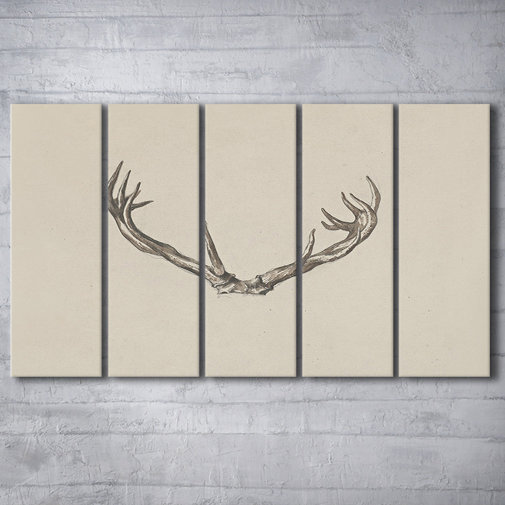 Vintage Deer Antlers Sketch Prints 5 Panels Canvas Print Wall Art, Holiday Print, Ready to hang