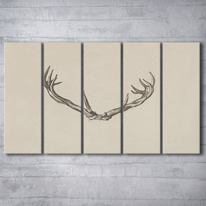 Vintage Deer Antlers Sketch Prints 5 Panels Canvas Print Wall Art, Holiday Print, Ready to hang