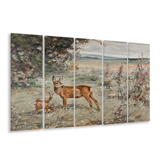 Vintage Deer Print 5 Panels Canvas Print Wall Art, Nursery Decor Art, Ready to hang, Extra Large Canvas Print