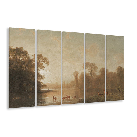 Vintage Deer Prints Print Yourself Fall Wall Decor 5 Panels Canvas Print Wall Art, 19th Century