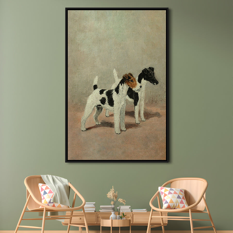 Vintage Dog Oil Painting Dog Lover Gift Antique Terrier Framed Canvas Print Wall Art, Dog Art, Floating Frame