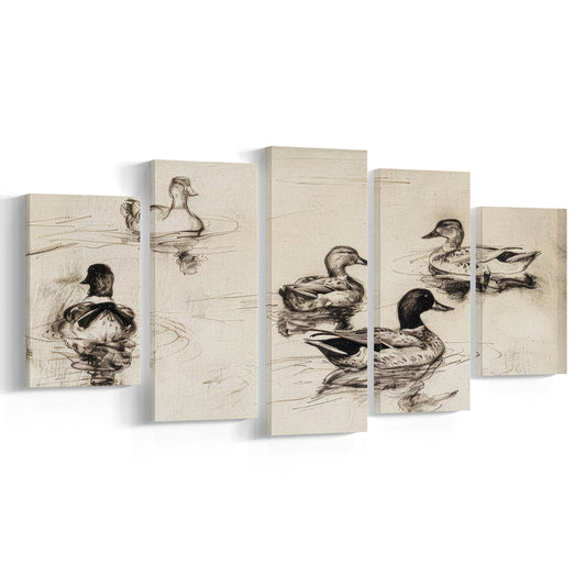 Vintage Ducks Sketch Art Print Vintage Print Cottagecore Neutral Antique Art, 5 Panel Mixed Canvas Print Wall Art, Large Canvas