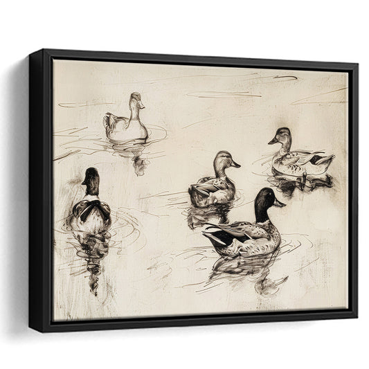Vintage Ducks Sketch Art Print Vintage Print Cottagecore Neutral Antique Art, Framed Canvas Print Wall Art, Floating Frame