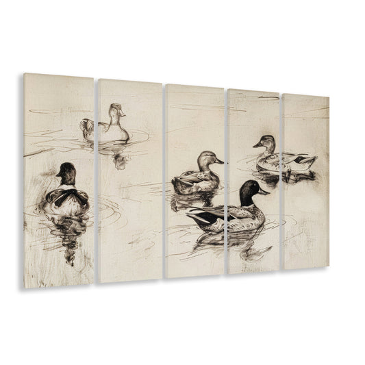 Vintage Ducks Sketch Art Print Vintage Print Cottagecore Neutral Art, 5 Panel B Canvas Print Wall Art, Extra Large Canvas