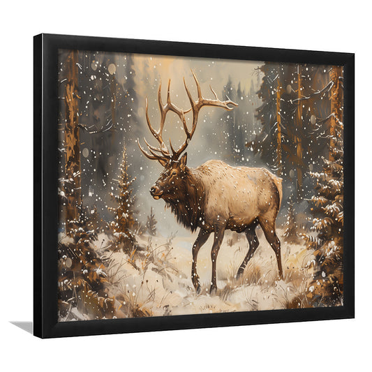Vintage Elk With Antlers Walking In A Dense, Framed  Print, Painting Art, Framed Art Print Wall Decor, Framed Picture