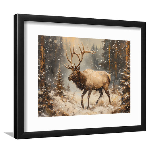 Vintage Elk With Antlers Walking In A Dense, Framed  Print, Painting Art, Framed Art Print White Border Wall Decor