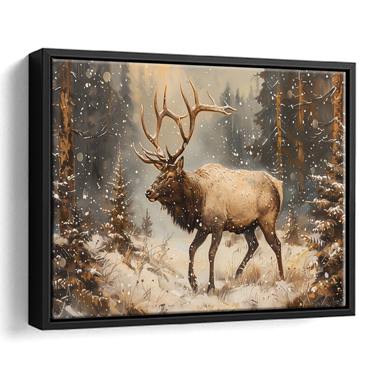 Vintage Elk With Antlers Walking In A Dense, Framed Canvas Print, Painting Art, Floating Framed Canvas Print Wall Art
