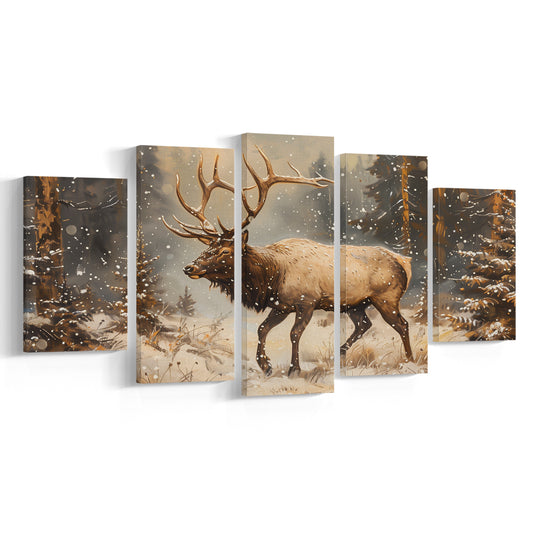 Vintage Elk With Antlers Walking In A Dense, Canvas Art Decor Print, Painting Art, Mixed Panels Canvas Print Wall Art