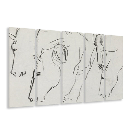 Vintage Equestrian Art Neutral 5 Panels Canvas Print Wall Art, Horse Art Print Cottage Core Decor, Apartment Rustic Wall Art