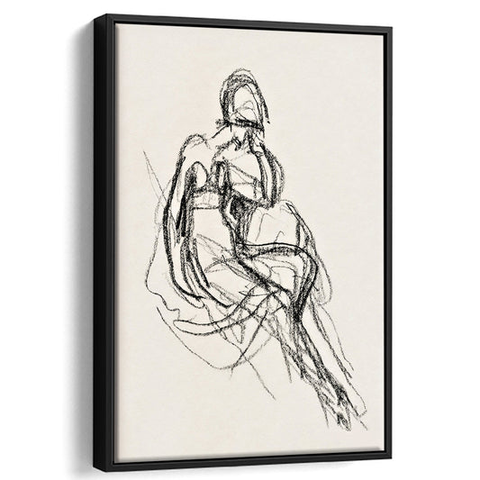 Vintage Female Figure Sketch Minimalist Framed Canvas Print Wall Art, Bathroom Decor Neutral Modern Wall Art, Figure Art