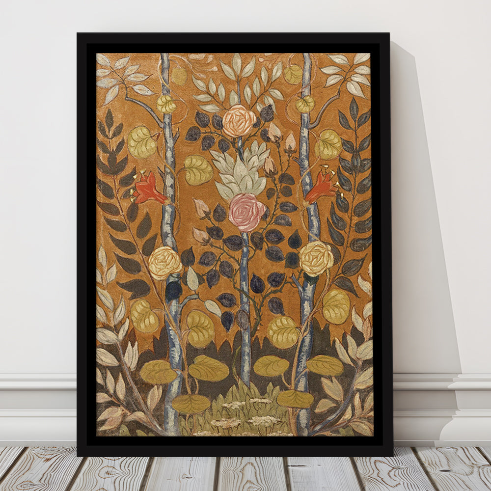 Vintage Folk Art Botanical Framed Canvas Print Wall Art, Unique Abstract Floral Bouquet Oil Painting Art