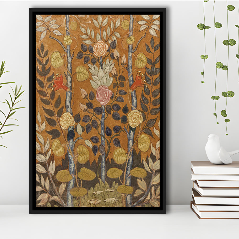 Vintage Folk Art Botanical Framed Canvas Print Wall Art, Unique Abstract Floral Bouquet Oil Painting Art