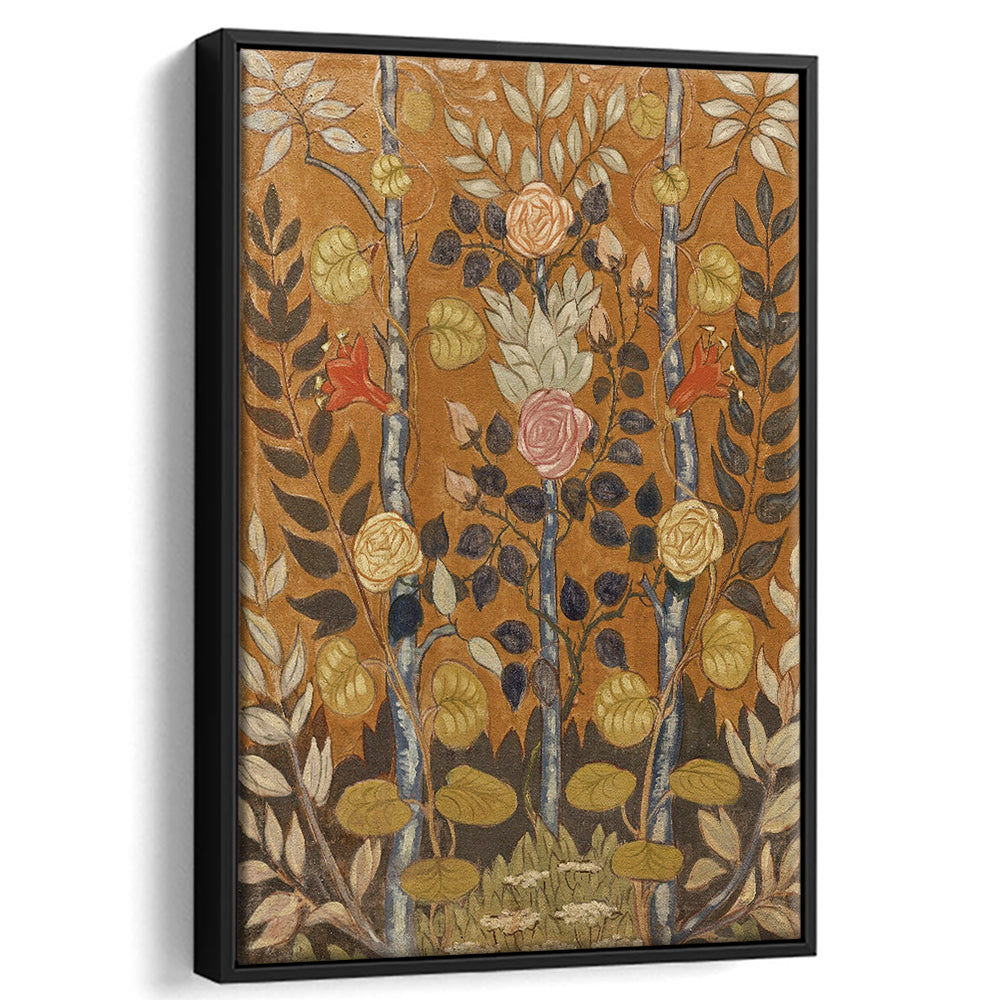 Vintage Folk Art Botanical Framed Canvas Print Wall Art, Unique Abstract Floral Bouquet Oil Painting Art