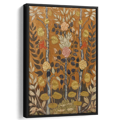 Vintage Folk Art Botanical Framed Canvas Print Wall Art, Unique Abstract Floral Bouquet Oil Painting Art