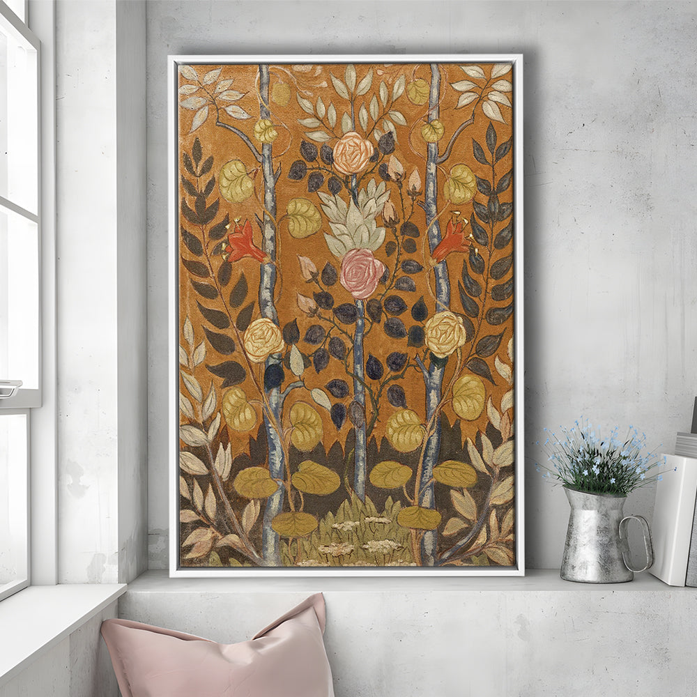 Vintage Folk Art Botanical Framed Canvas Print Wall Art, Unique Abstract Floral Bouquet Oil Painting Art