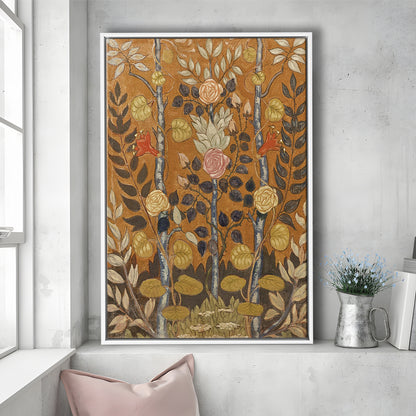 Vintage Folk Art Botanical Framed Canvas Print Wall Art, Unique Abstract Floral Bouquet Oil Painting Art