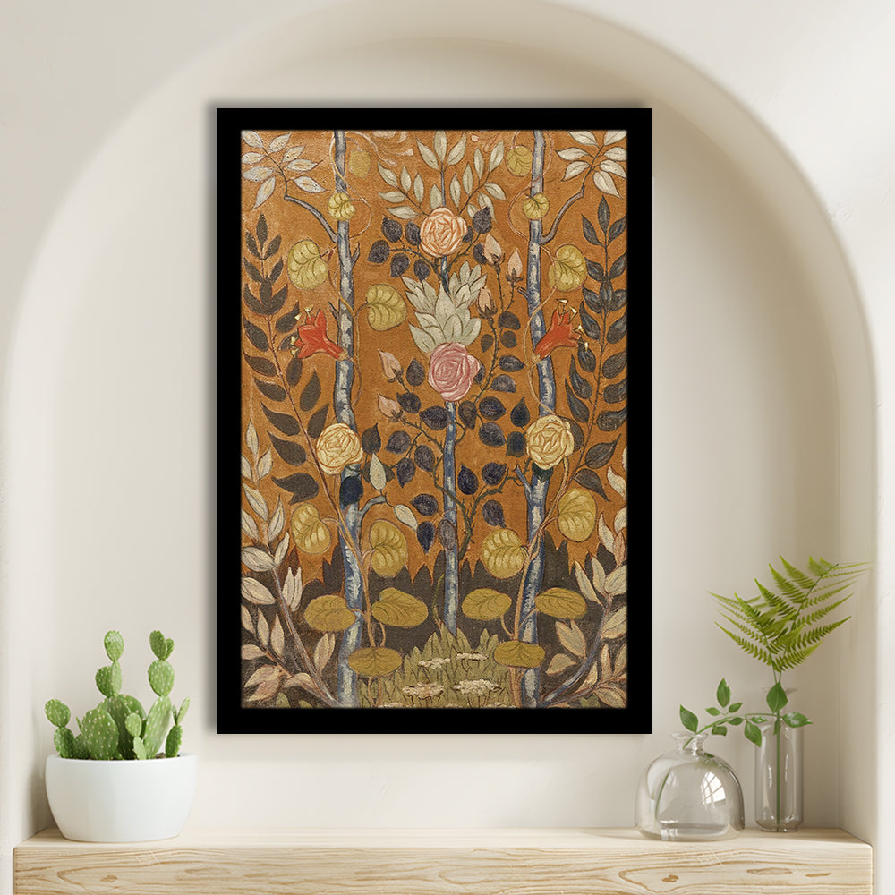 Vintage Folk Art Botanical Framed Art Print Wall Decor, Unique Abstract Floral Bouquet Oil Painting Art