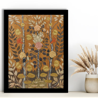 Vintage Folk Art Botanical Framed Art Print Wall Decor, Unique Abstract Floral Bouquet Oil Painting Art