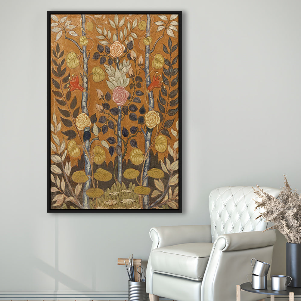 Vintage Folk Art Botanical Framed Canvas Print Wall Art, Unique Abstract Floral Bouquet Oil Painting Art