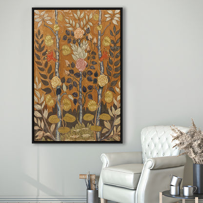 Vintage Folk Art Botanical Framed Canvas Print Wall Art, Unique Abstract Floral Bouquet Oil Painting Art