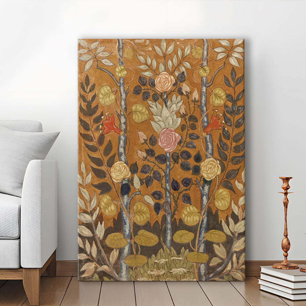 Vintage Folk Art Botanical Canvas Print Wall Art, Unique Abstract Floral Bouquet Oil Painting Art