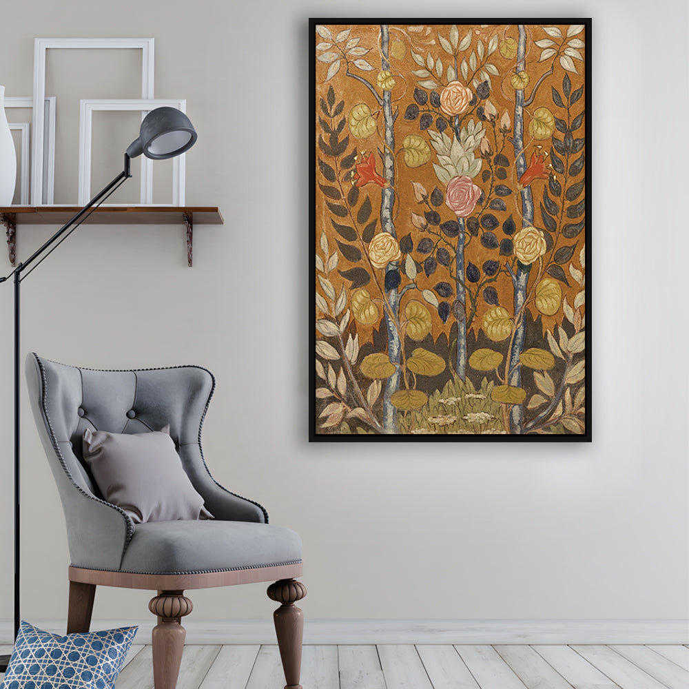 Vintage Folk Art Botanical Framed Canvas Print Wall Art, Unique Abstract Floral Bouquet Oil Painting Art