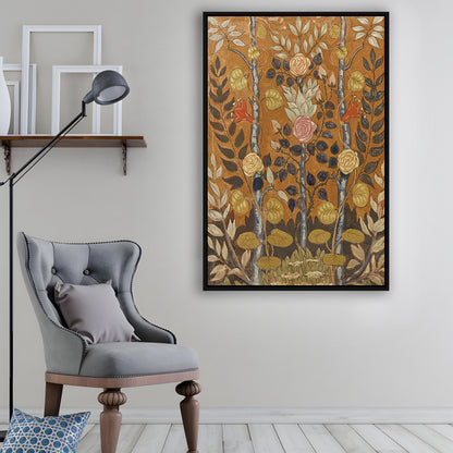 Vintage Folk Art Botanical Framed Canvas Print Wall Art, Unique Abstract Floral Bouquet Oil Painting Art