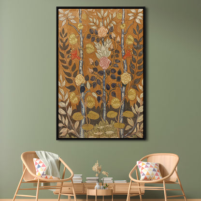Vintage Folk Art Botanical Framed Canvas Print Wall Art, Unique Abstract Floral Bouquet Oil Painting Art