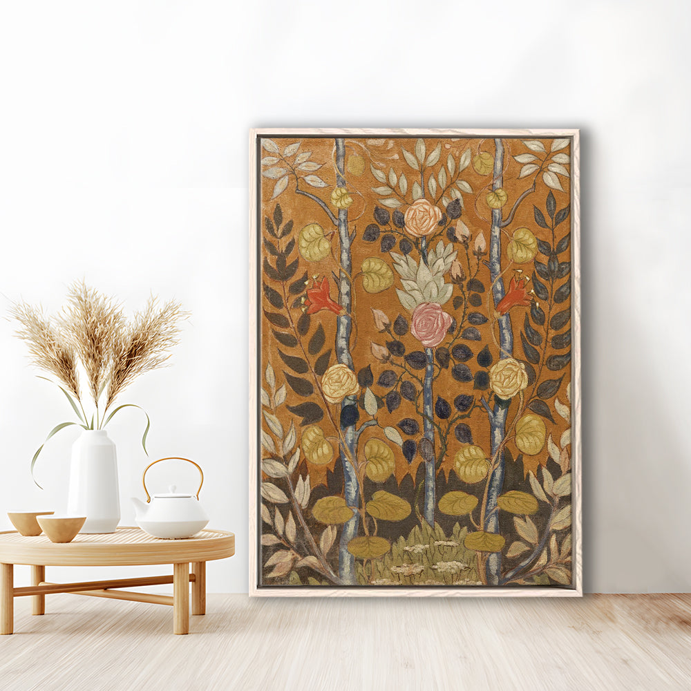Vintage Folk Art Botanical Framed Canvas Print Wall Art, Unique Abstract Floral Bouquet Oil Painting Art